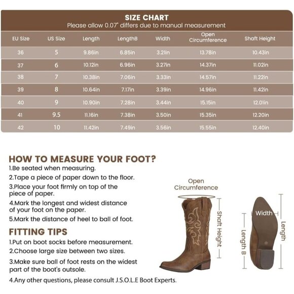 J's.o.l.e Women Brown Cowgirl Boots Cowboy Pointed Toe Wide Mid Calf - Picture 7 of 9